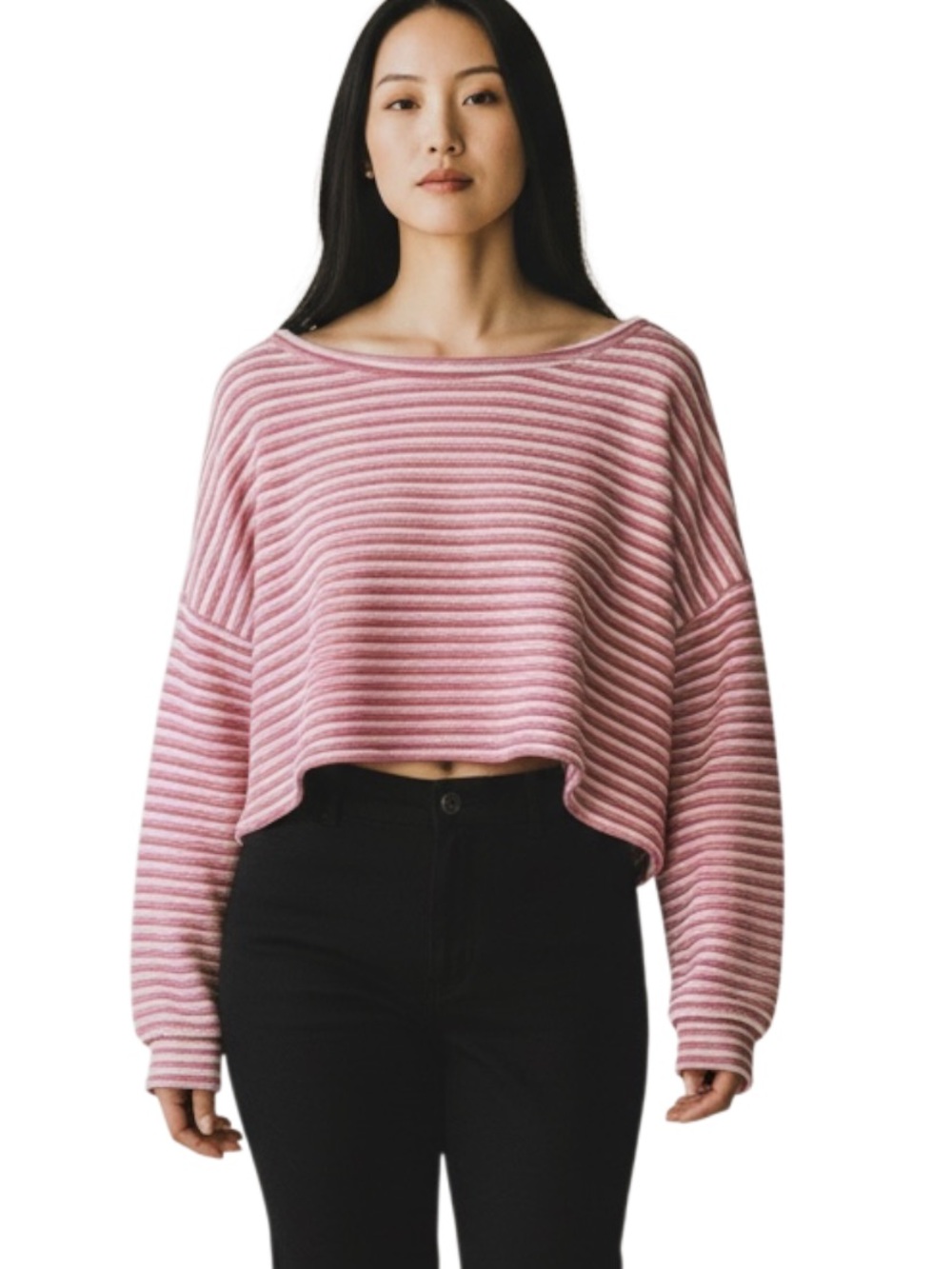 Cider Pink Striped Off-the-Shoulder Cropped Sweater